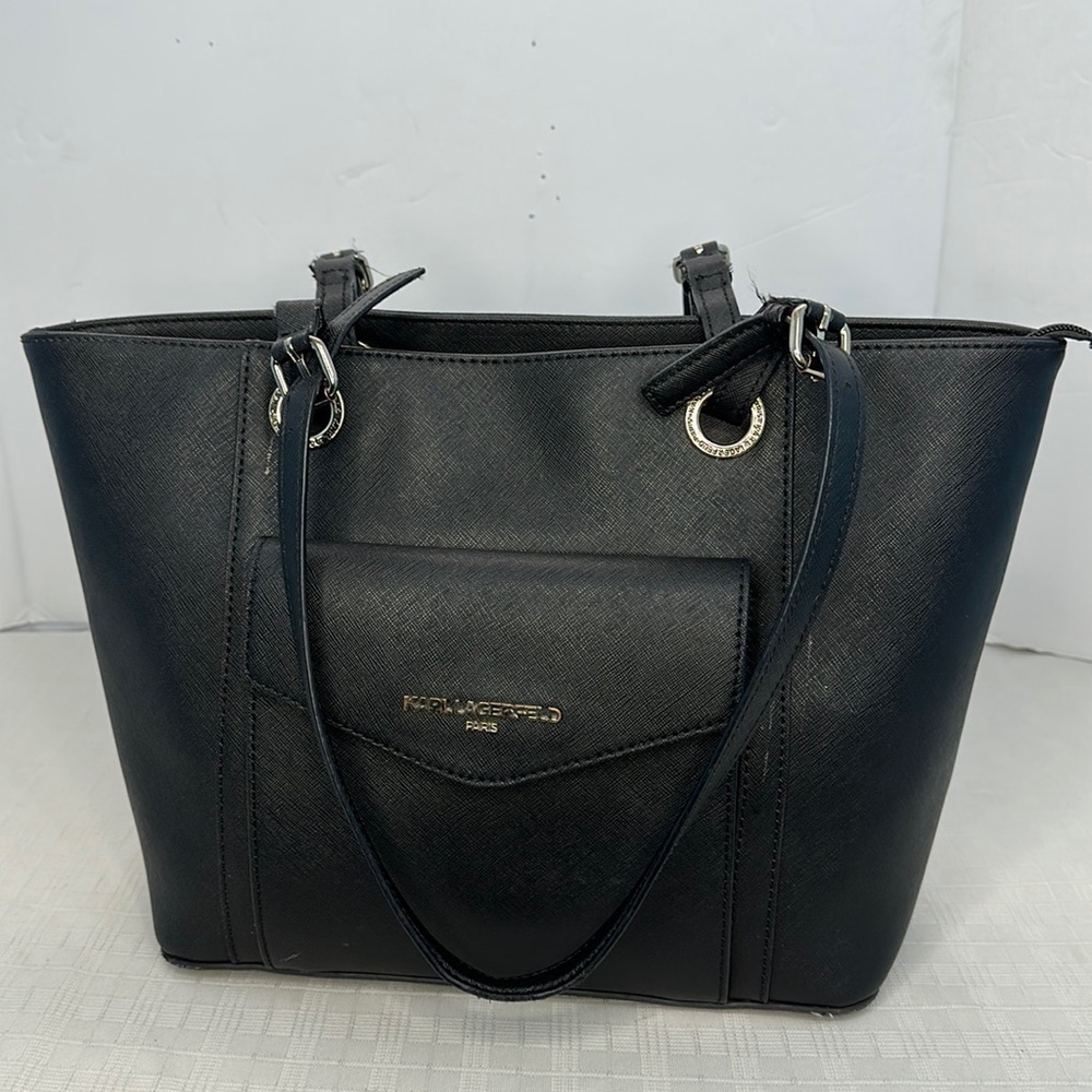 KARL LAGERFELD PARIS Black Tote Bag Saffiano Leather Handbag Pocket Satchel